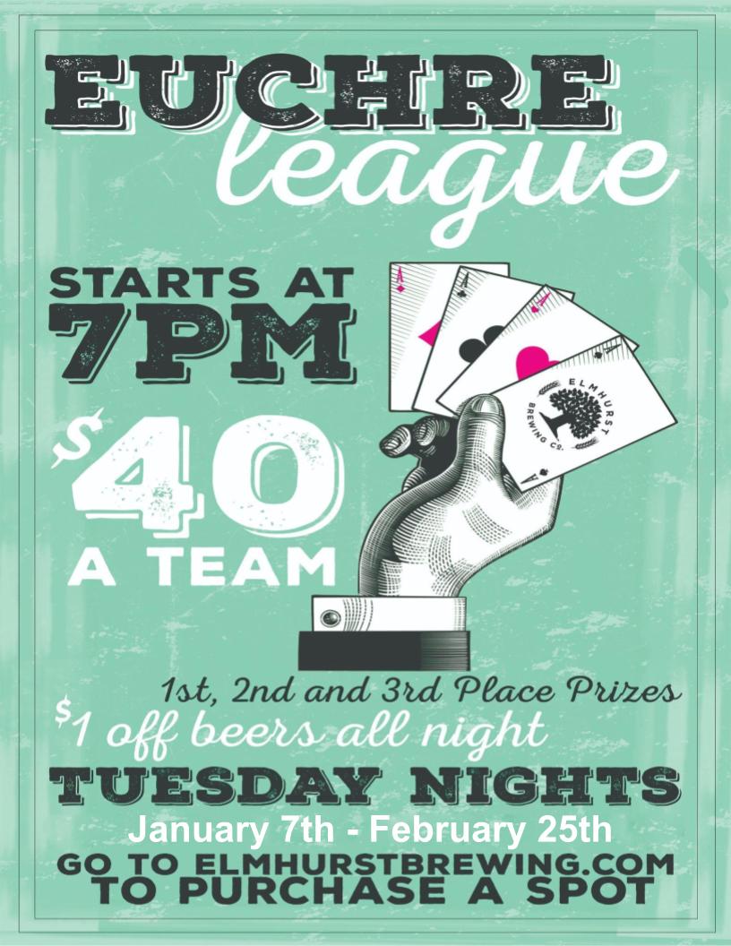 Euchre League Tuesday Nights! 8 Weeks Tuesday Jan 7th-Tuesday Feb 25th 7:00PM